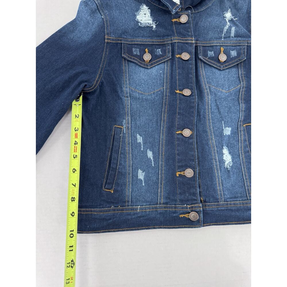 Jvini Denim Jacket Women’s Sz M Dark Wash Distressed Button Pockets Casual - Picture 11 of 14